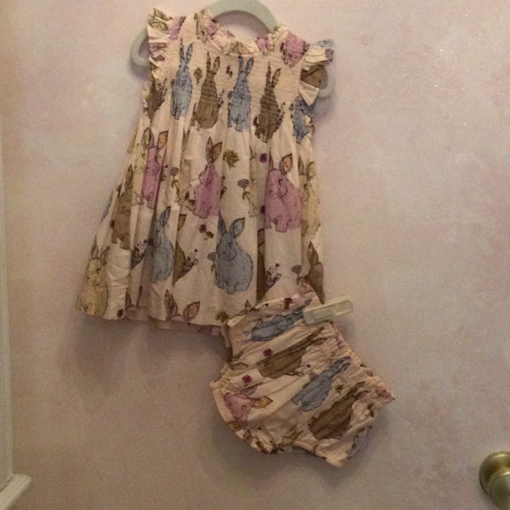 Baby Bunny Print Dress & Bloomers Set - Pastel Pink, Blue, Brown